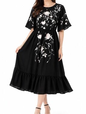 Black Floral Embroidered Midi Dress - Classic Women's Dress